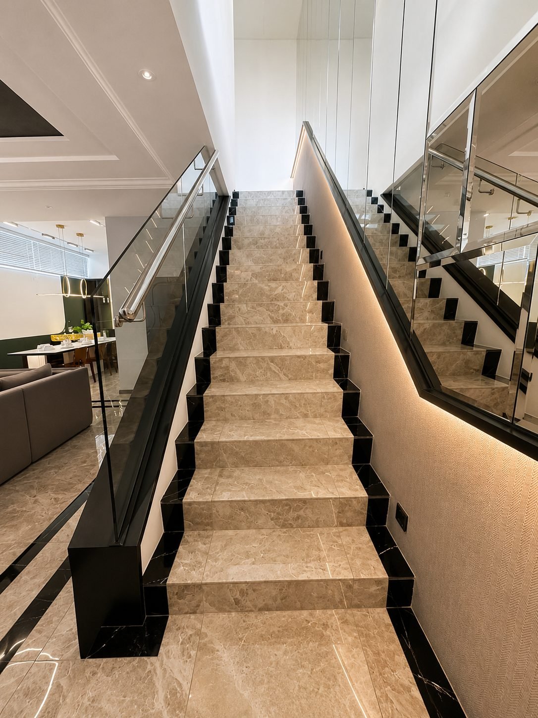 Staircase with a glass balustrade and stone treads, Pearl Garden 2-storey