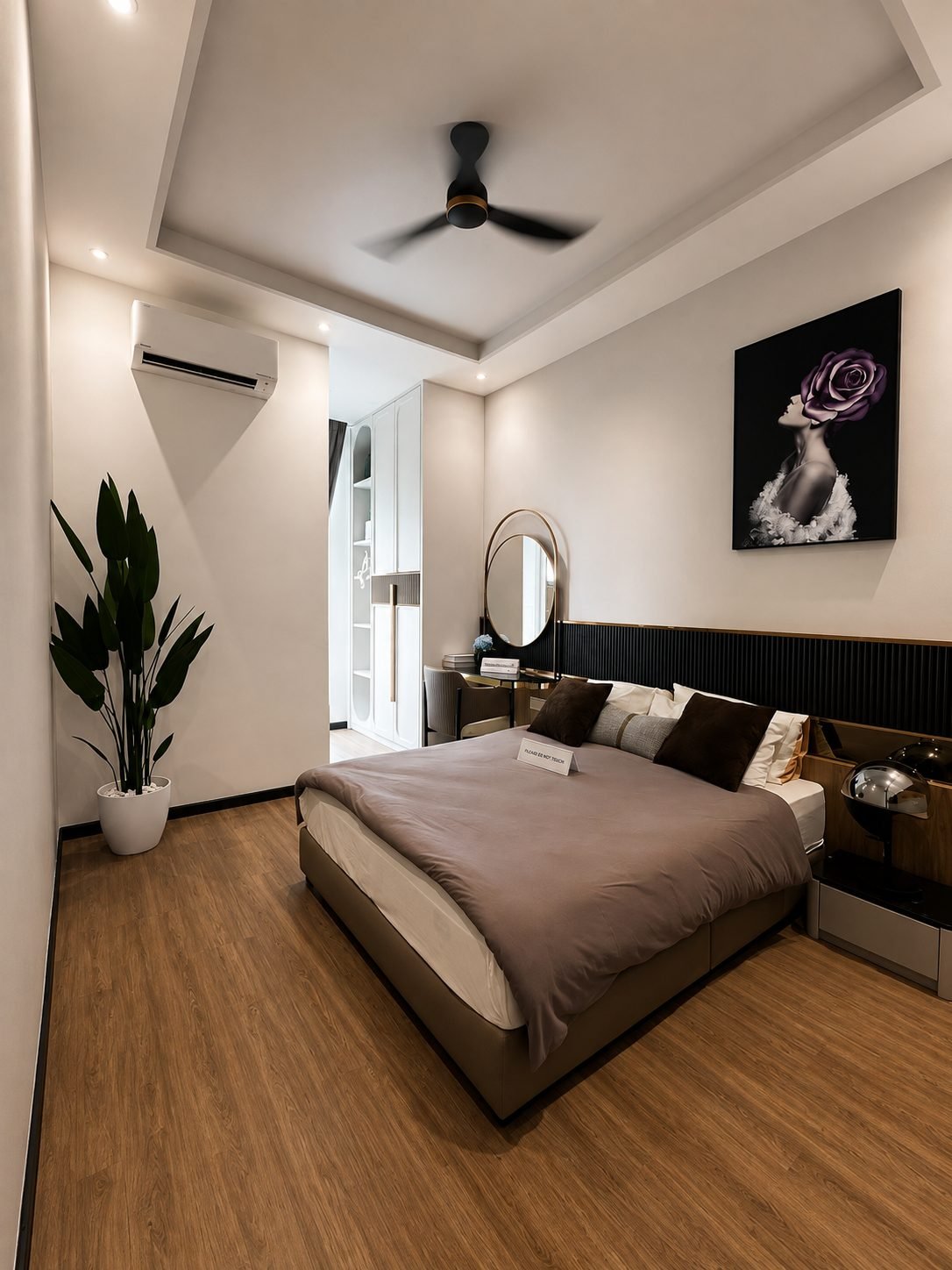 First-floor bedroom with timber flooring and a ceiling fan, Pearl Garden 2-storey