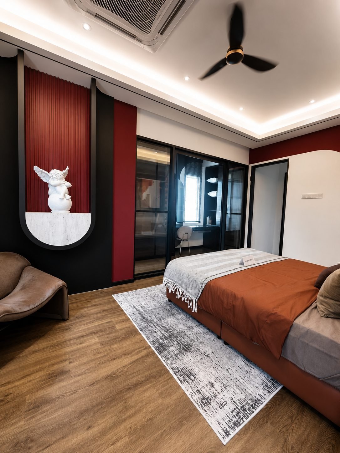 Master bedroom with a red and black feature wall, Pearl Garden 2-storey
