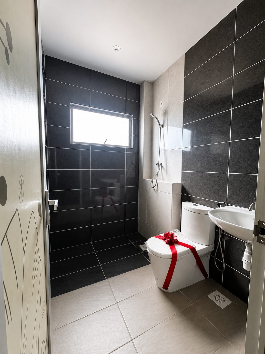 Bathroom finished in dark tile, Pearl Garden 2-storey show house