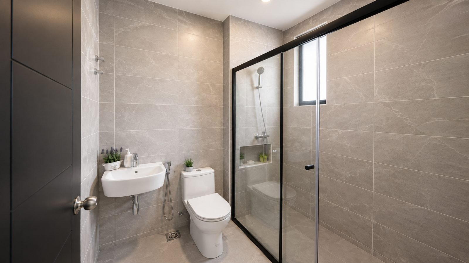 Bathroom finished in grey tile, Pulai Heights semi-detached