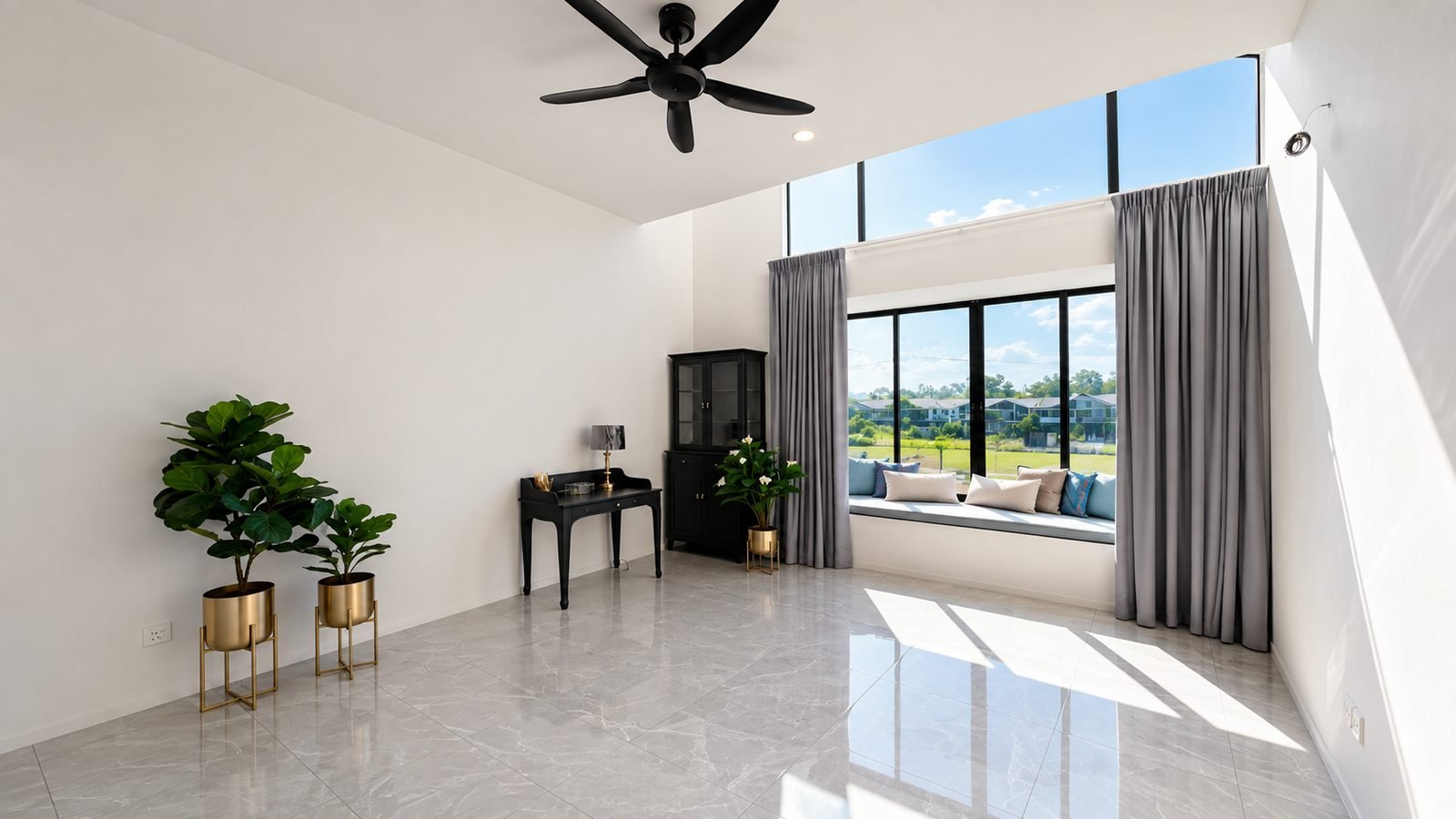 Living room under the double-height void, with the hills beyond, Pulai Heights