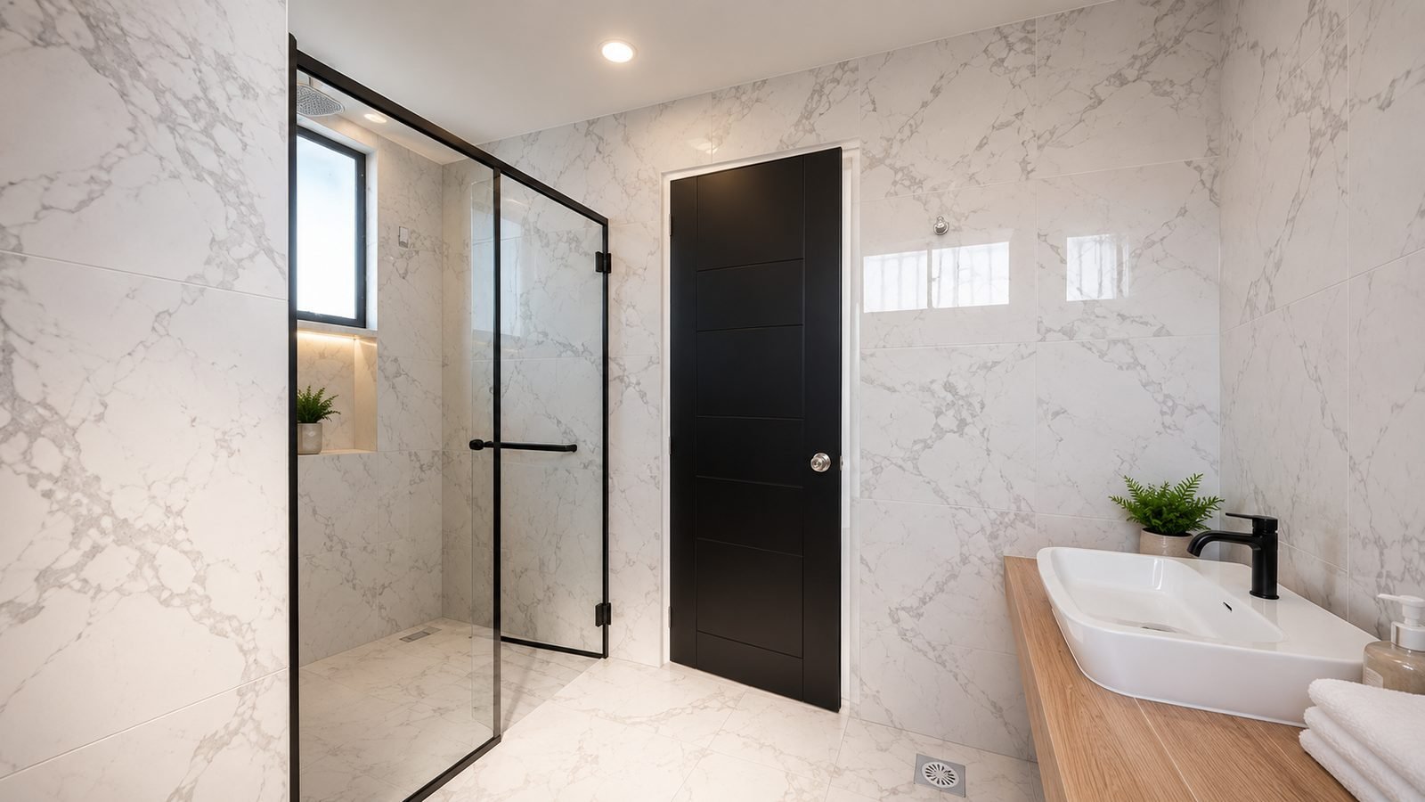 Master bathroom finished in marble-look tile, Pulai Heights semi-detached