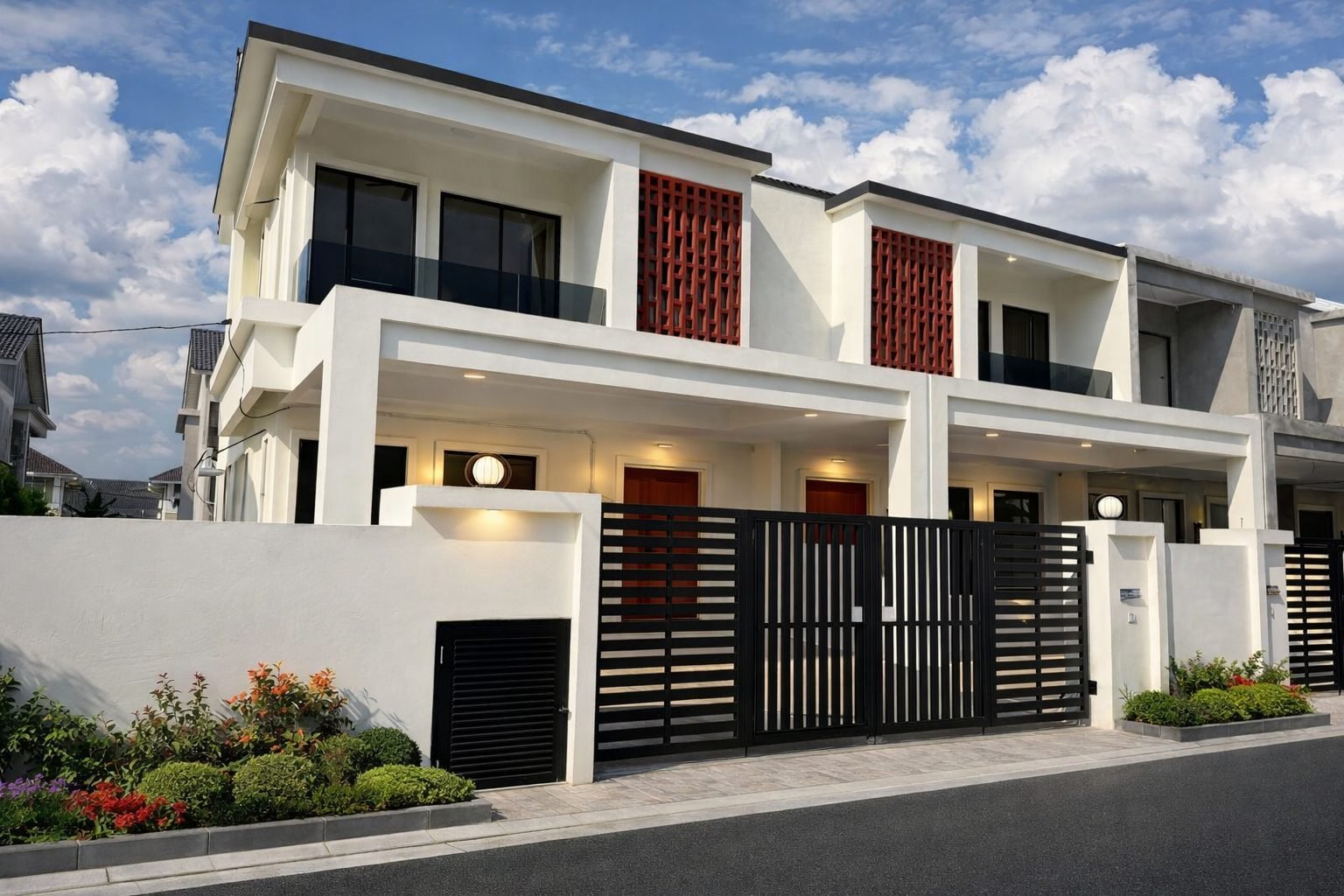 Street elevation of the double-storey terraces at Pulai Heights, Ipoh