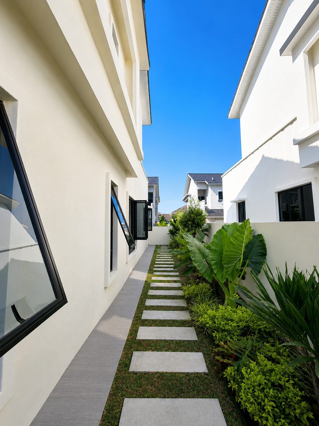 Planted side path running alongside the Pulai Heights terrace