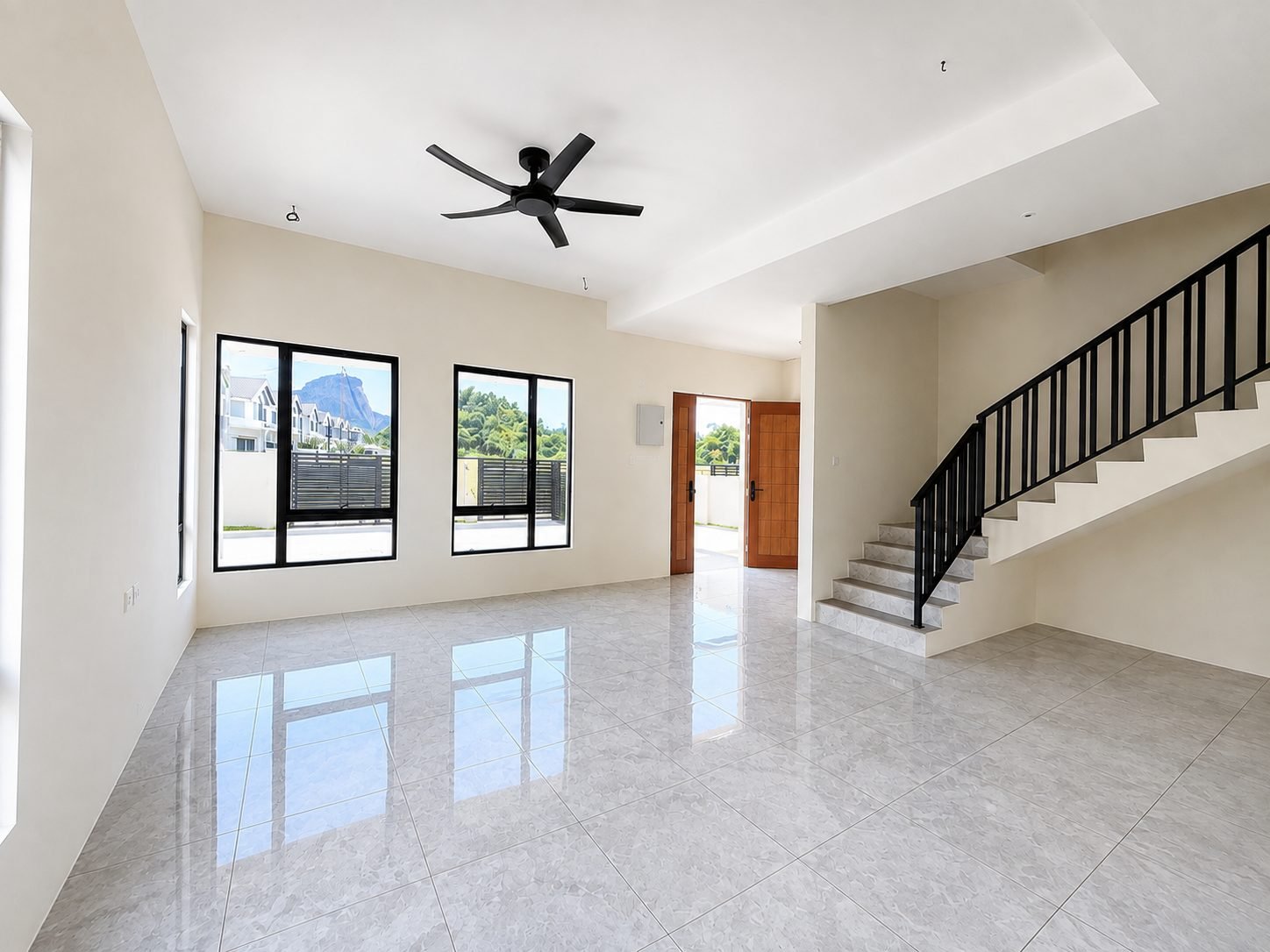 Living area with the staircase and a view to the hills, Pulai Heights terrace