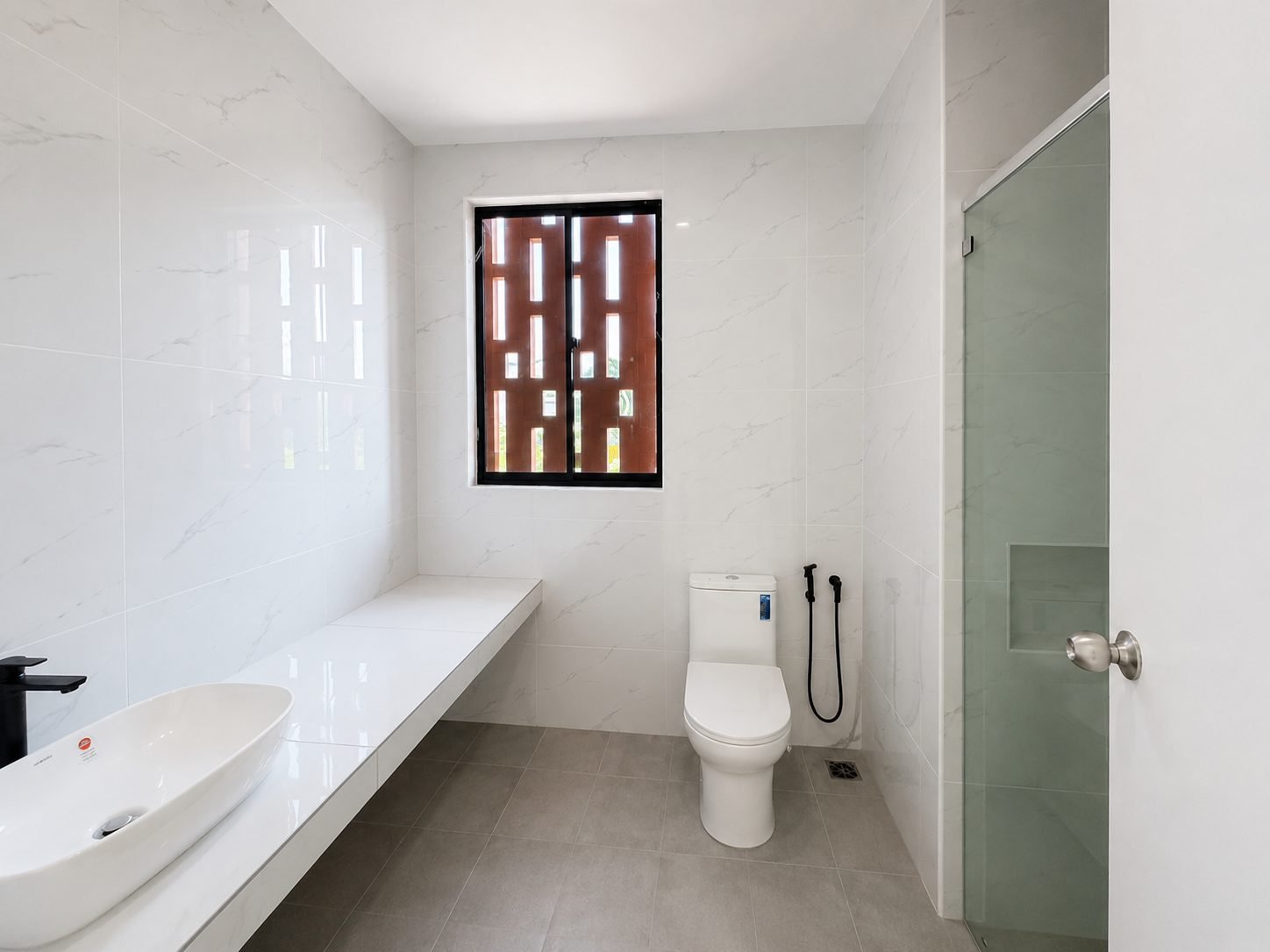 Bathroom with a long vanity and a timber-screened window, Pulai Heights terrace