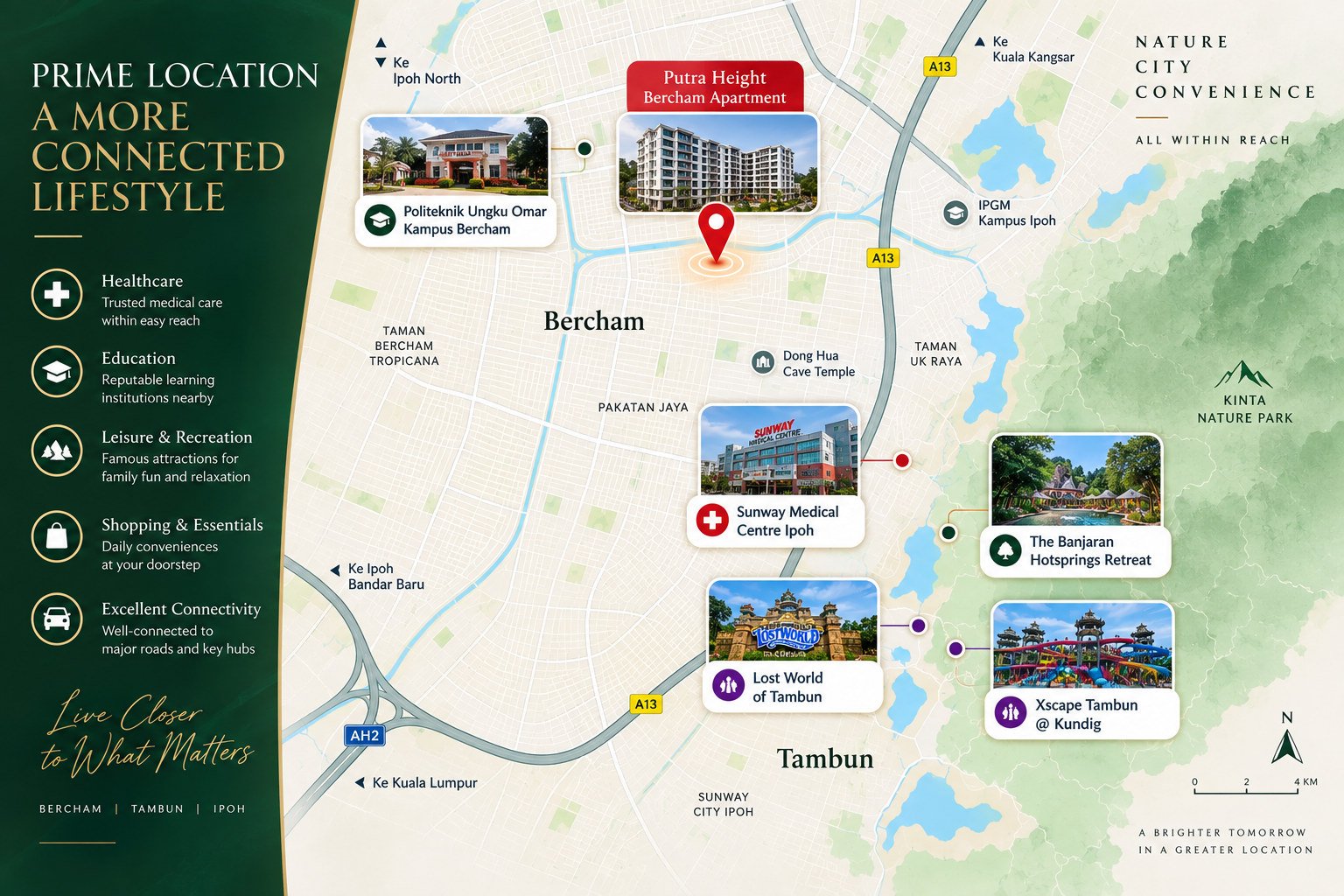 Location map for Pangsapuri Putra Bercham, showing the building with Politeknik Ungku Omar Kampus Bercham, IPGM Kampus Ipoh, Sunway Medical Centre Ipoh, Dong Hua Cave Temple, The Banjaran Hotsprings Retreat, Lost World of Tambun and Xscape Tambun around it