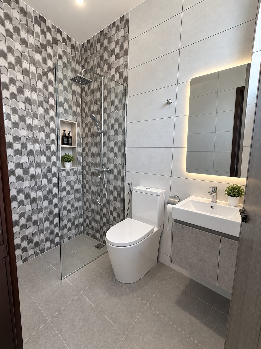 Fitted bathroom with a mosaic feature wall and a walk-in shower, double-storey show house