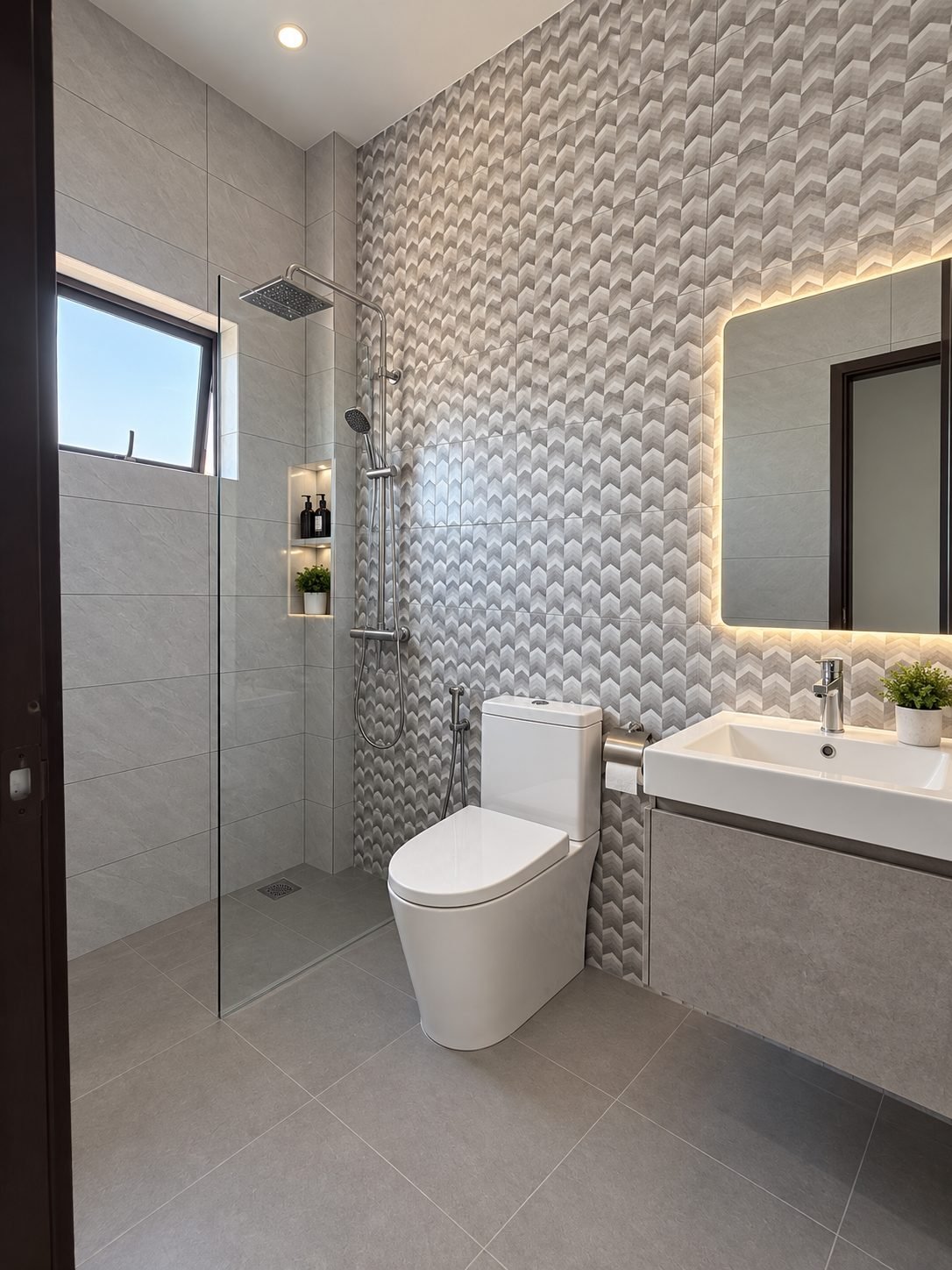 Fitted bathroom with scalloped feature tiling and a rain shower, double-storey show house