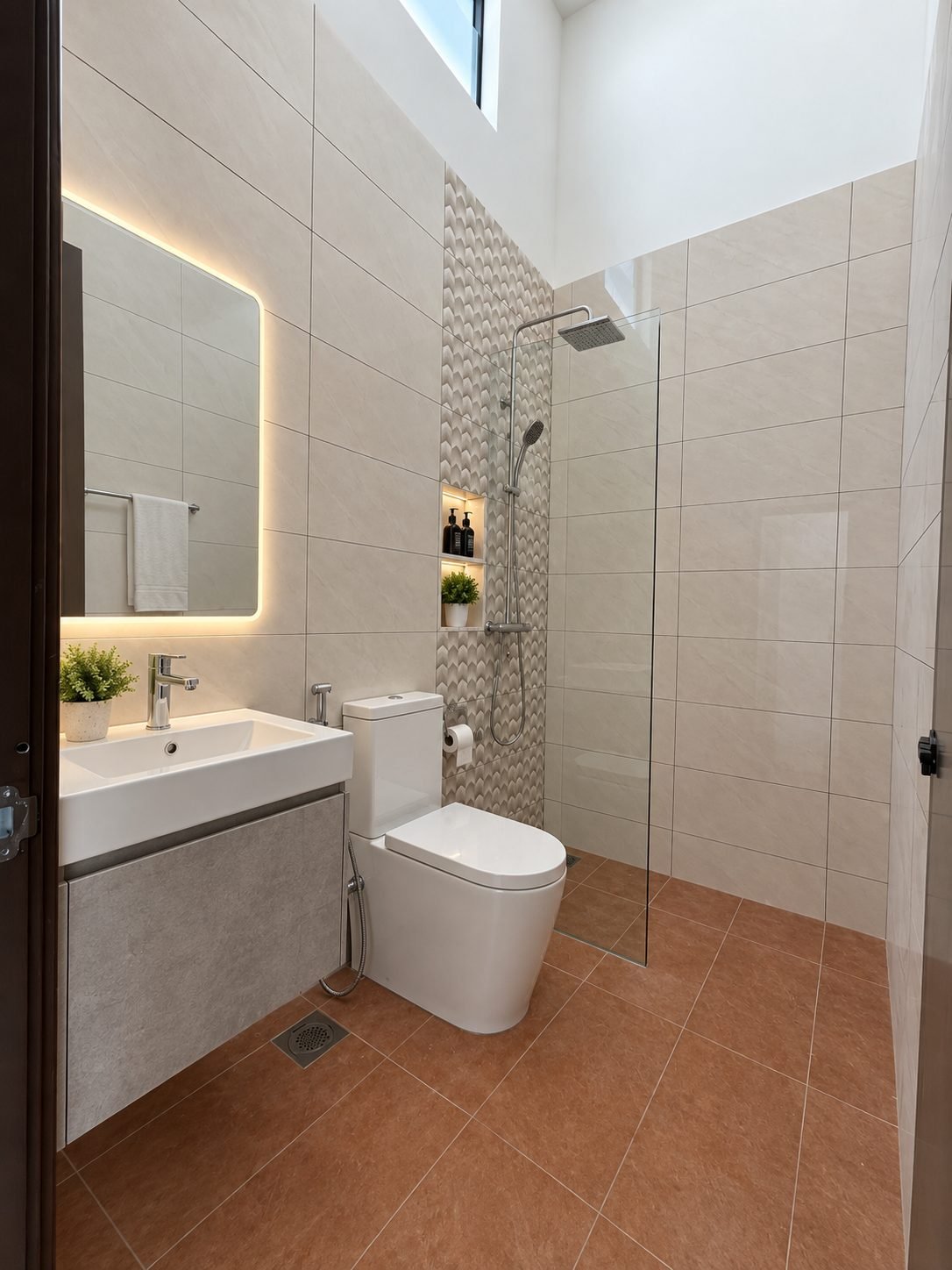 Fourth fitted bathroom with a terracotta floor, double-storey show house