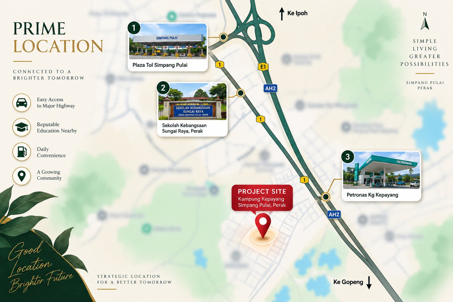 Location map for Taman Raia Saujana III at Kampung Kepayang, Simpang Pulai, Perak, showing the Simpang Pulai toll plaza, SK Sungai Raya and Petronas Kg Kepayang