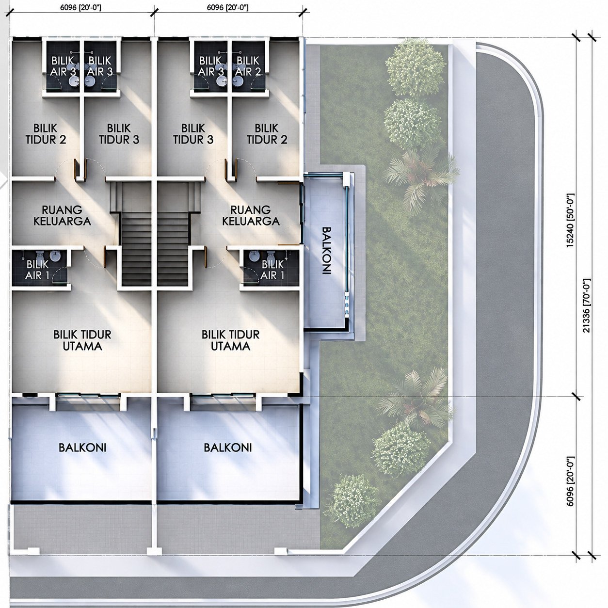 First-floor plan of the double-storey terrace at Taman Raia Saujana III, showing the master bedroom with an en-suite and balcony, a family area, and two more bedrooms with two more bathrooms