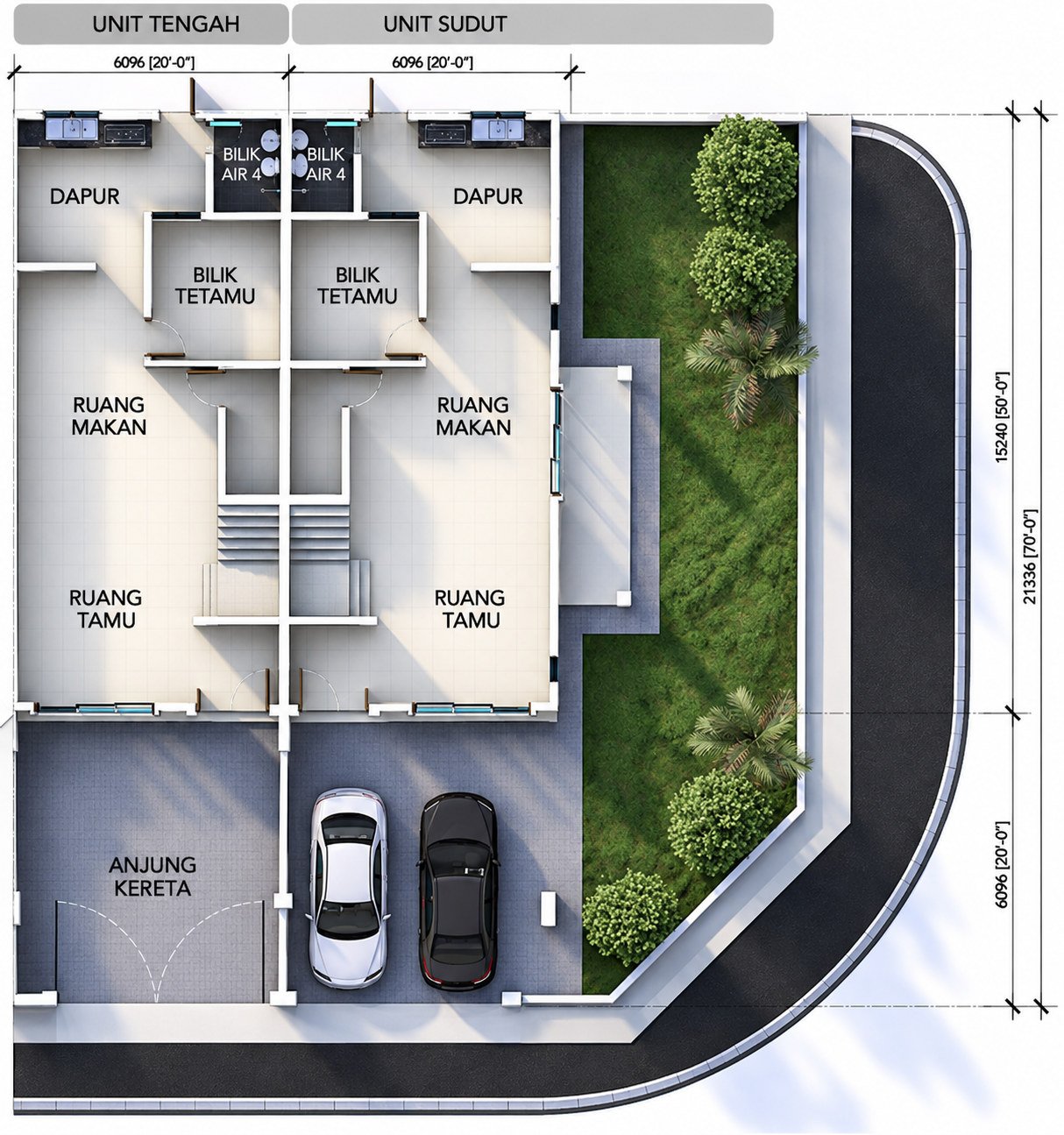Ground-floor plan of the double-storey terrace at Taman Raia Saujana III, showing the two-car porch, living and dining, a bedroom with its own bathroom, and the kitchen