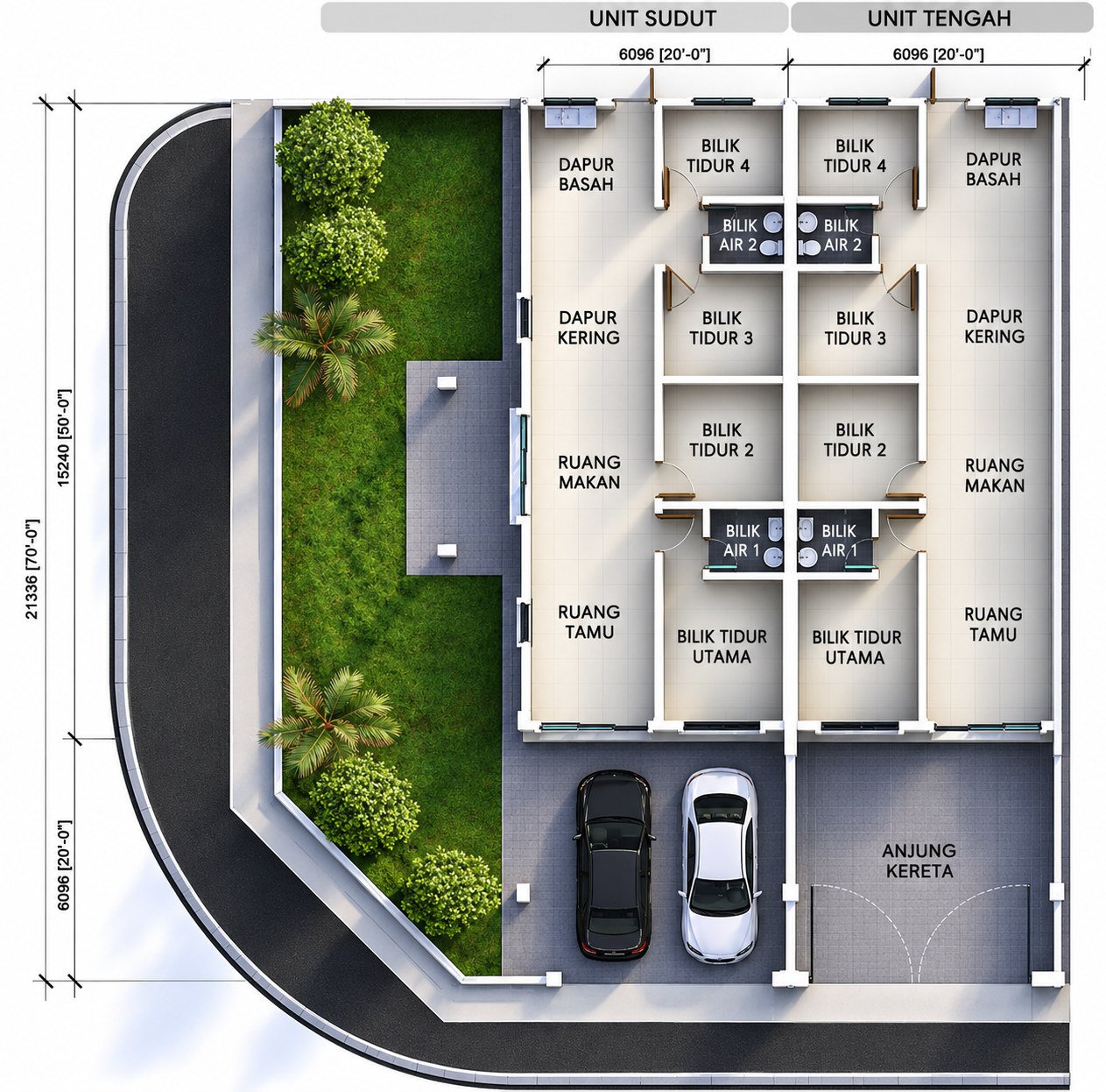 Floor plan of the single-storey terrace at Taman Raia Saujana III, Simpang Pulai, showing the two-car porch, living and dining, dry and wet kitchens, four bedrooms and two bathrooms on one level