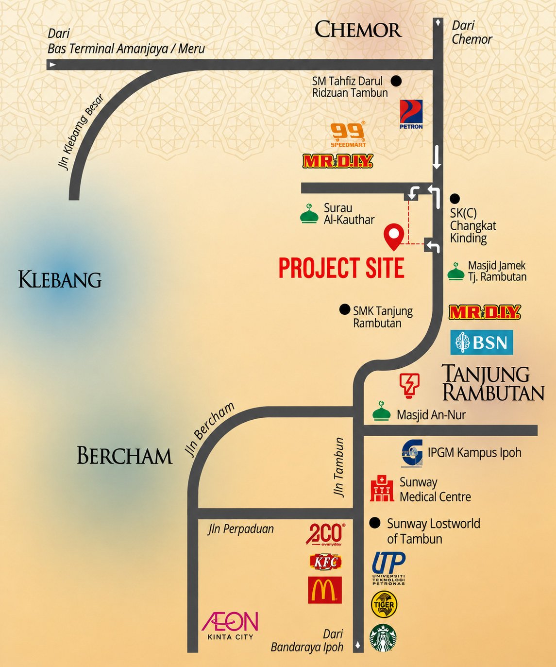 Location map for Rimbayu, Tanjung Rambutan, Ipoh, showing SJK(C) Changkat Kinding, SM Tahfiz Darul Ridzuan, SMK Tanjung Rambutan, Sunway Medical Centre and Lost World of Tambun