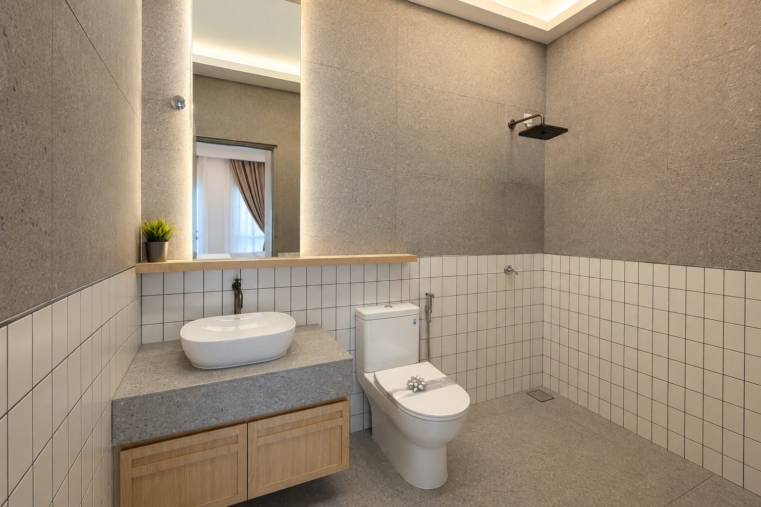 Bathroom with a vessel basin and walk-in shower, Rimbayu show house