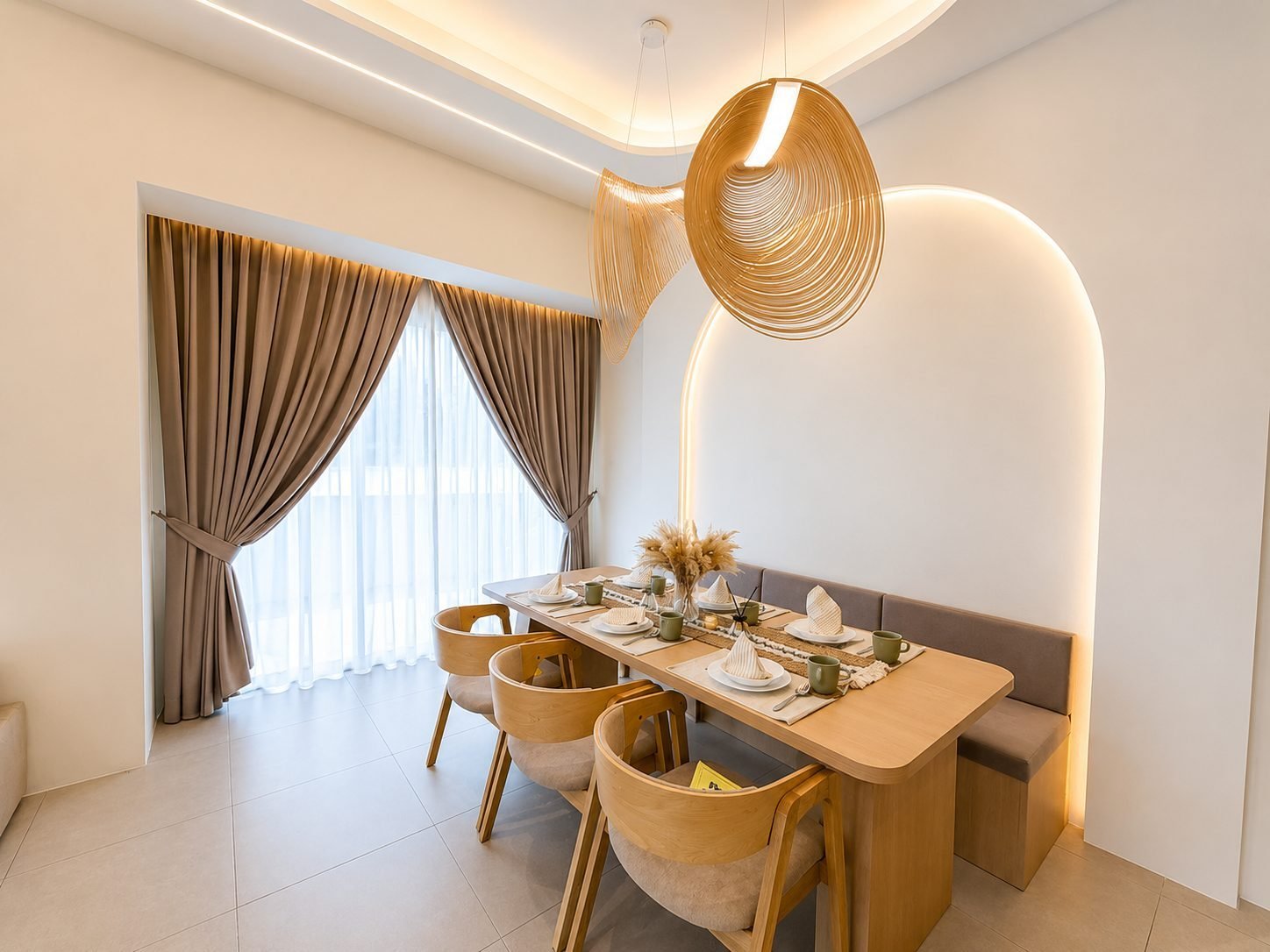 Dining area with a rattan pendant and banquette seating, Rimbayu show house