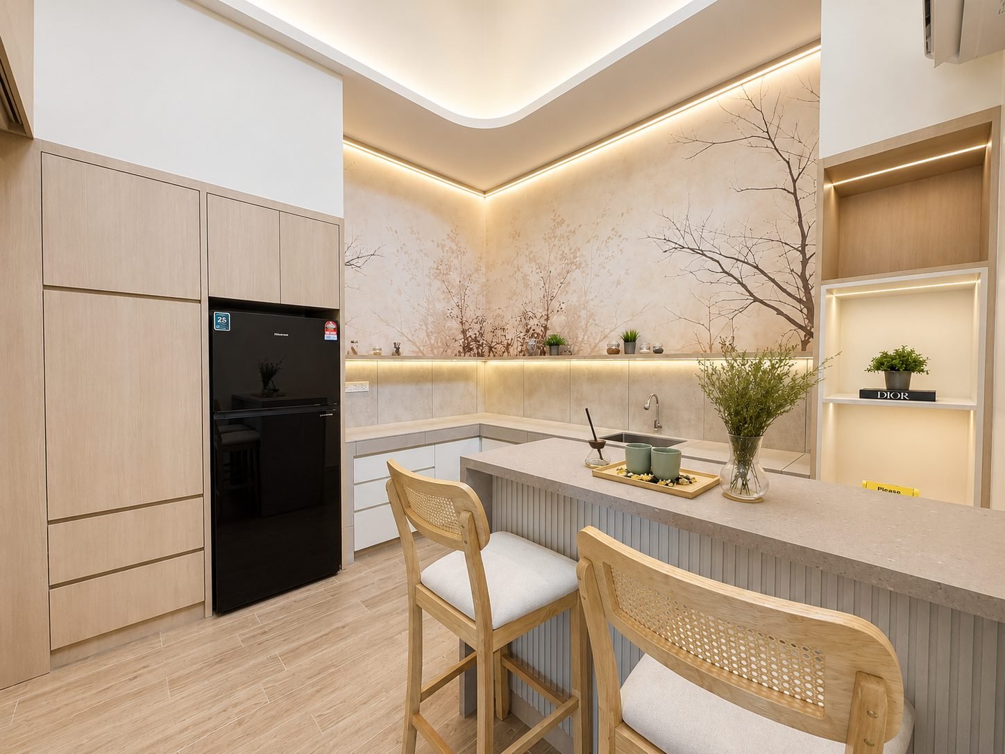 Dry kitchen with a breakfast bar, Rimbayu cluster Semi-D show house