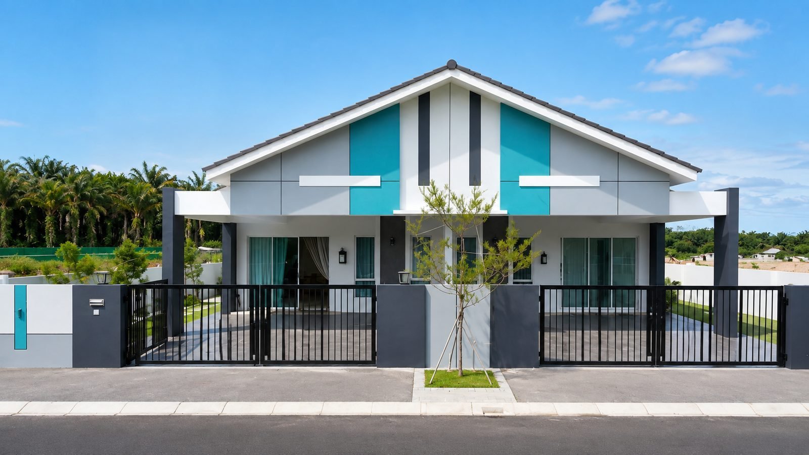 Street elevation of the single-storey cluster Semi-D at Rimbayu, Tanjung Rambutan