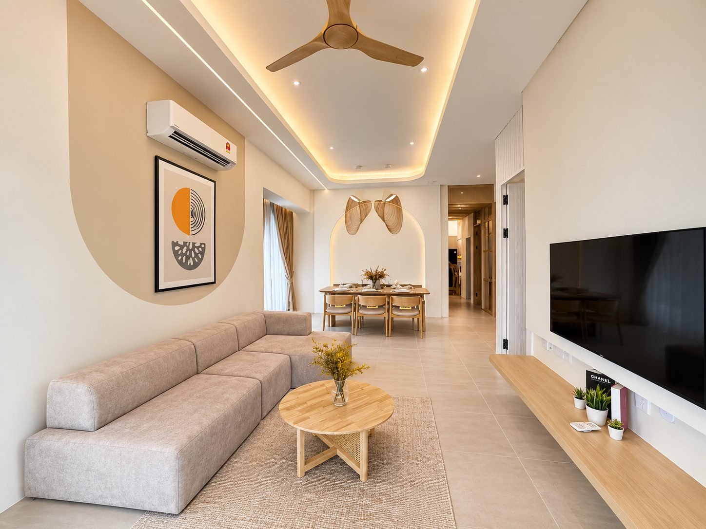 Living area with cove lighting and a ceiling fan, Rimbayu cluster Semi-D show house
