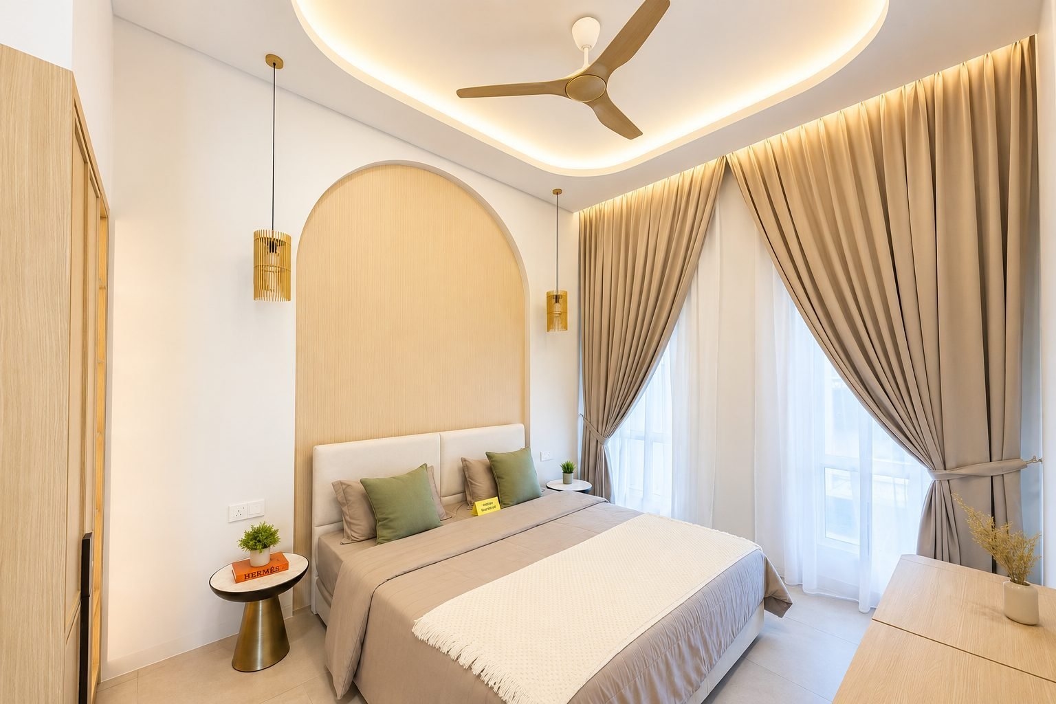 Master bedroom with an arched headboard recess, Rimbayu cluster Semi-D show house