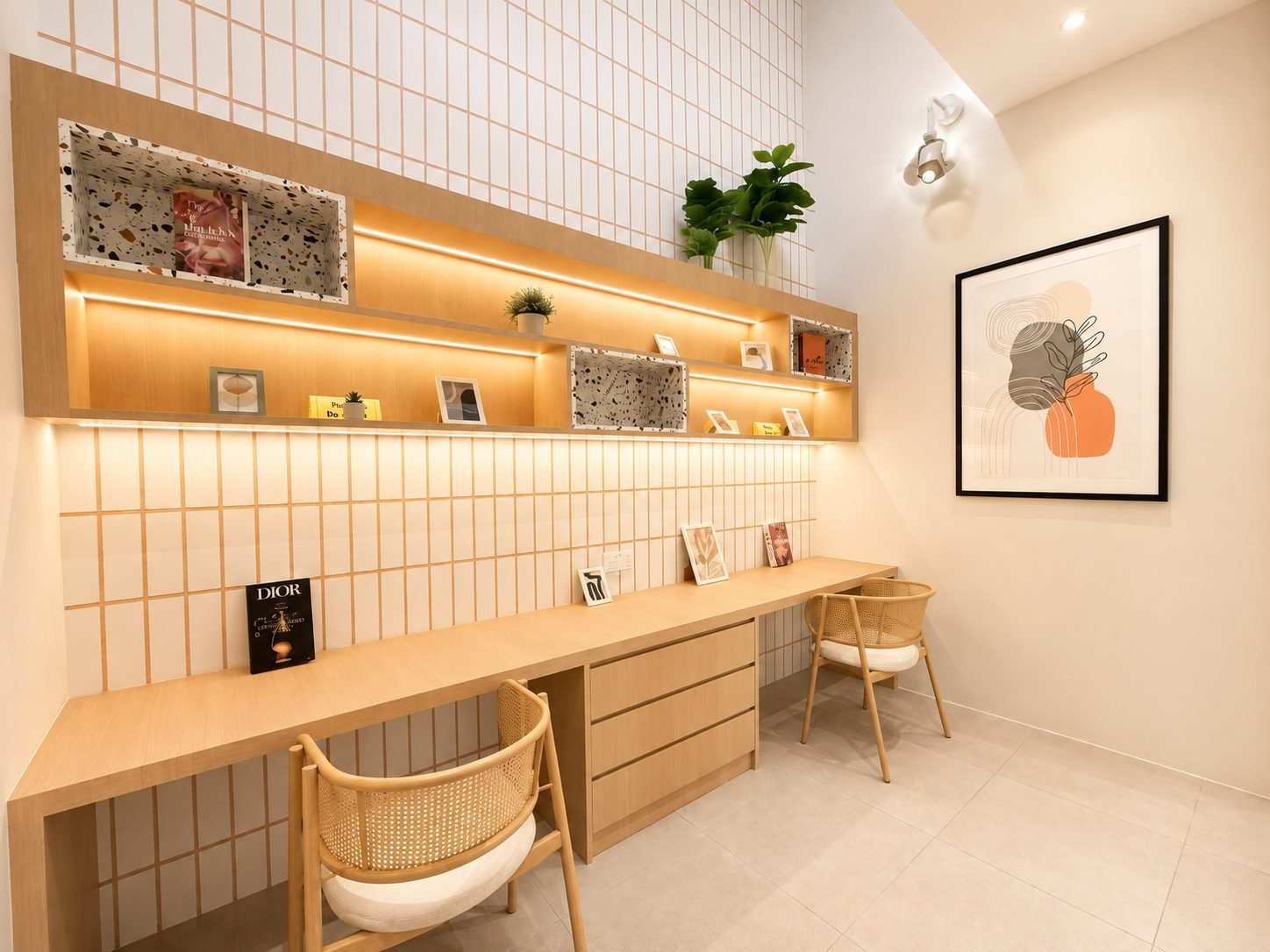 Built-in study desk and lit display shelving, Rimbayu cluster Semi-D show house