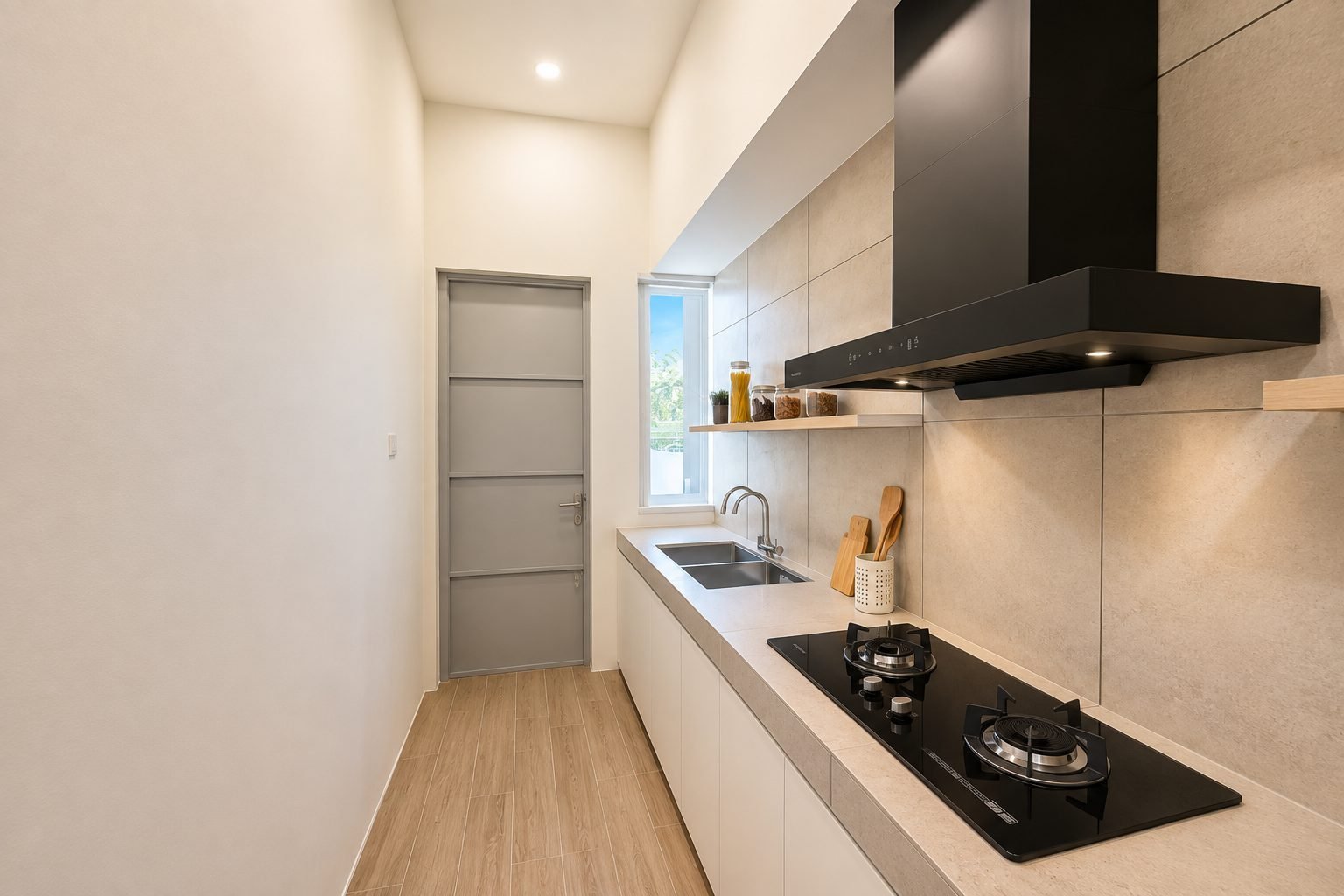 Wet kitchen with hob, hood and rear door, Rimbayu cluster Semi-D show house