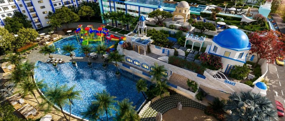 Santorini @ Botani Ipoh — dek kolam resort dan kelab gaya Mediterranean