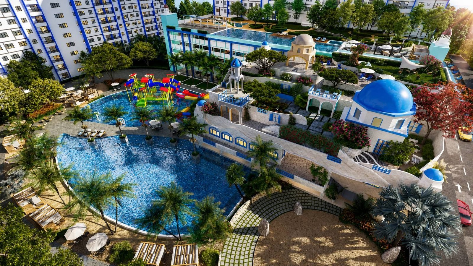 Resort pool deck and Mediterranean-style clubhouse at Santorini @ Botani, Ipoh