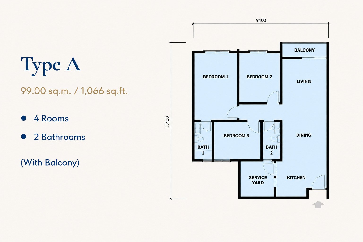 Type A floor plan, 1,066 sq ft, Santorini @ Botani Ipoh