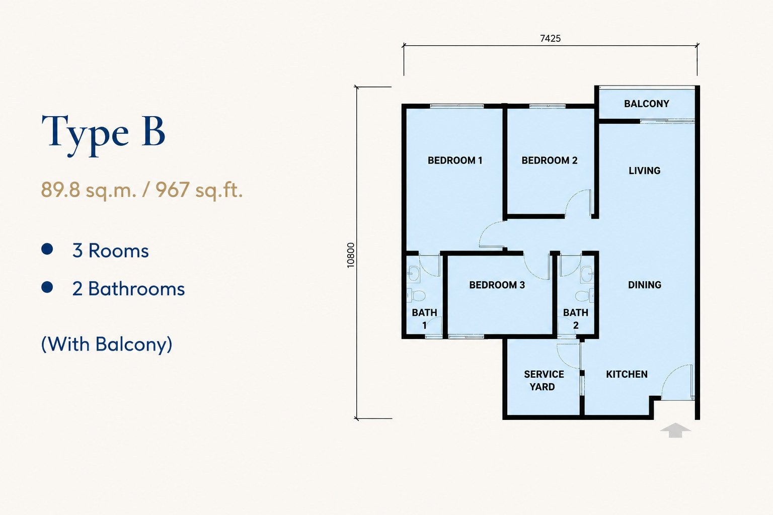 Type B floor plan, 967 sq ft, Santorini @ Botani Ipoh