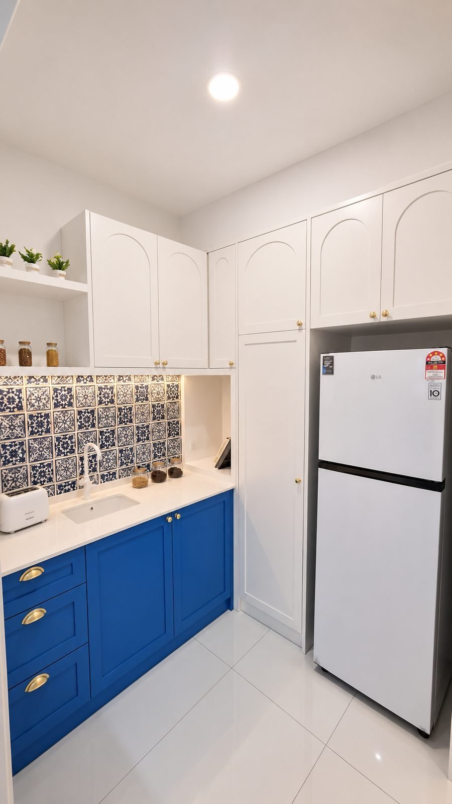 Kitchen with fridge and patterned splashback in the Type B show unit at Santorini @ Botani, Ipoh