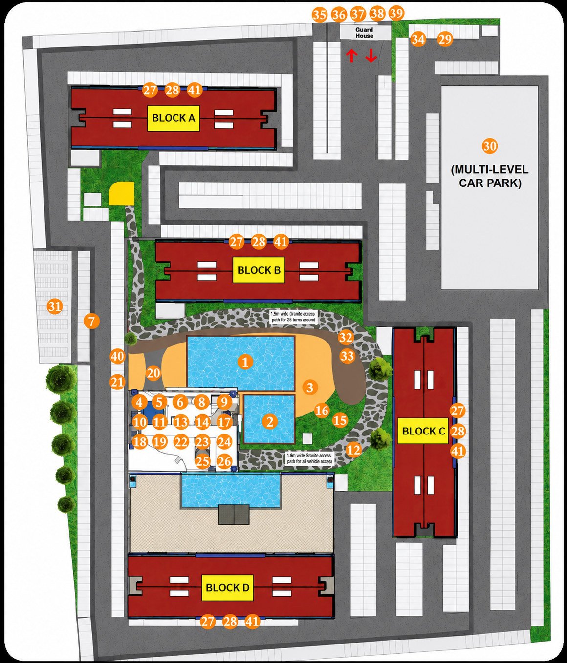 Site plan of Santorini @ Botani Ipoh, with numbered facility markers matching the list above