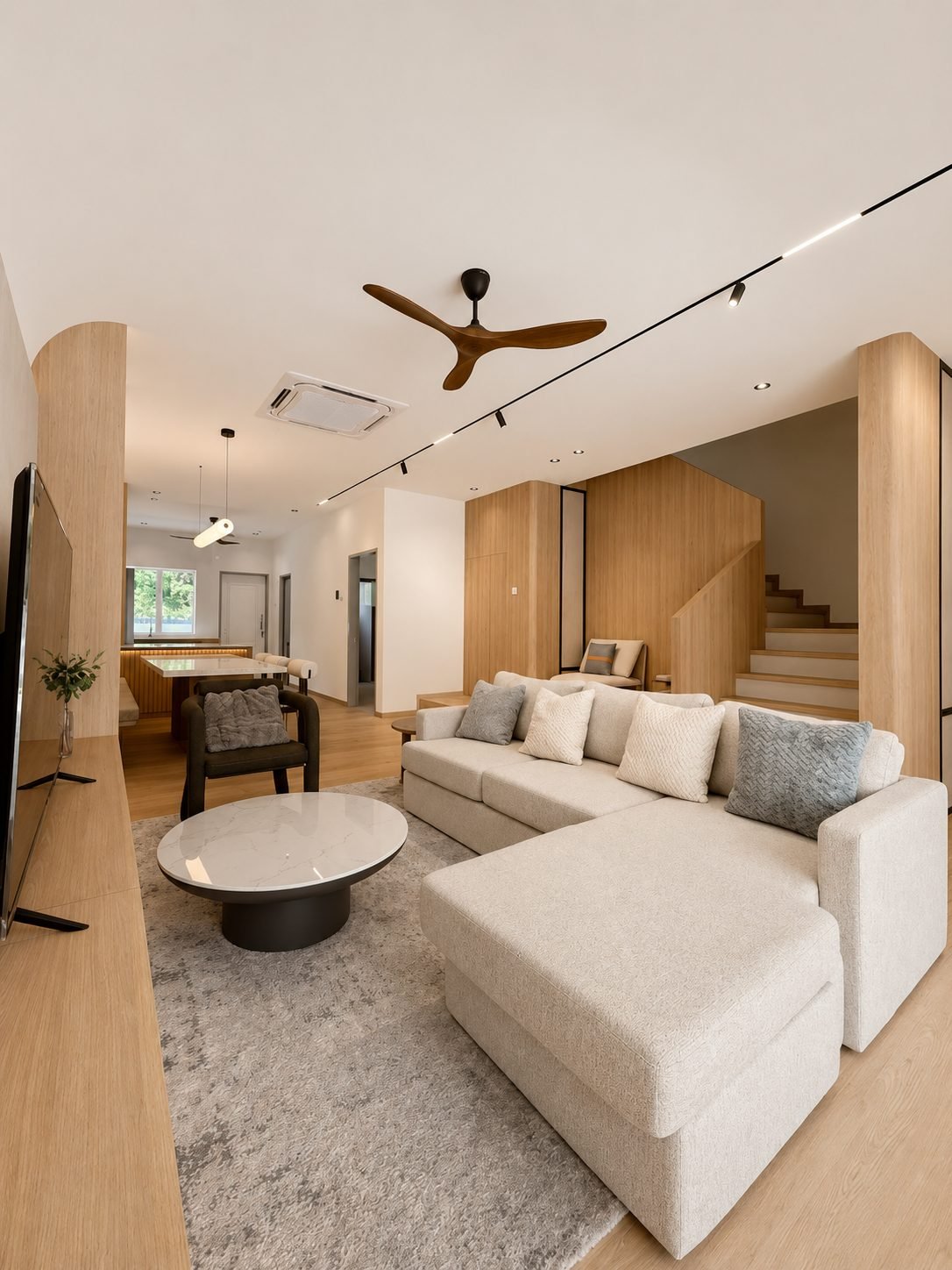 Living area looking towards the staircase and dining, Silver Valley Gardens show house