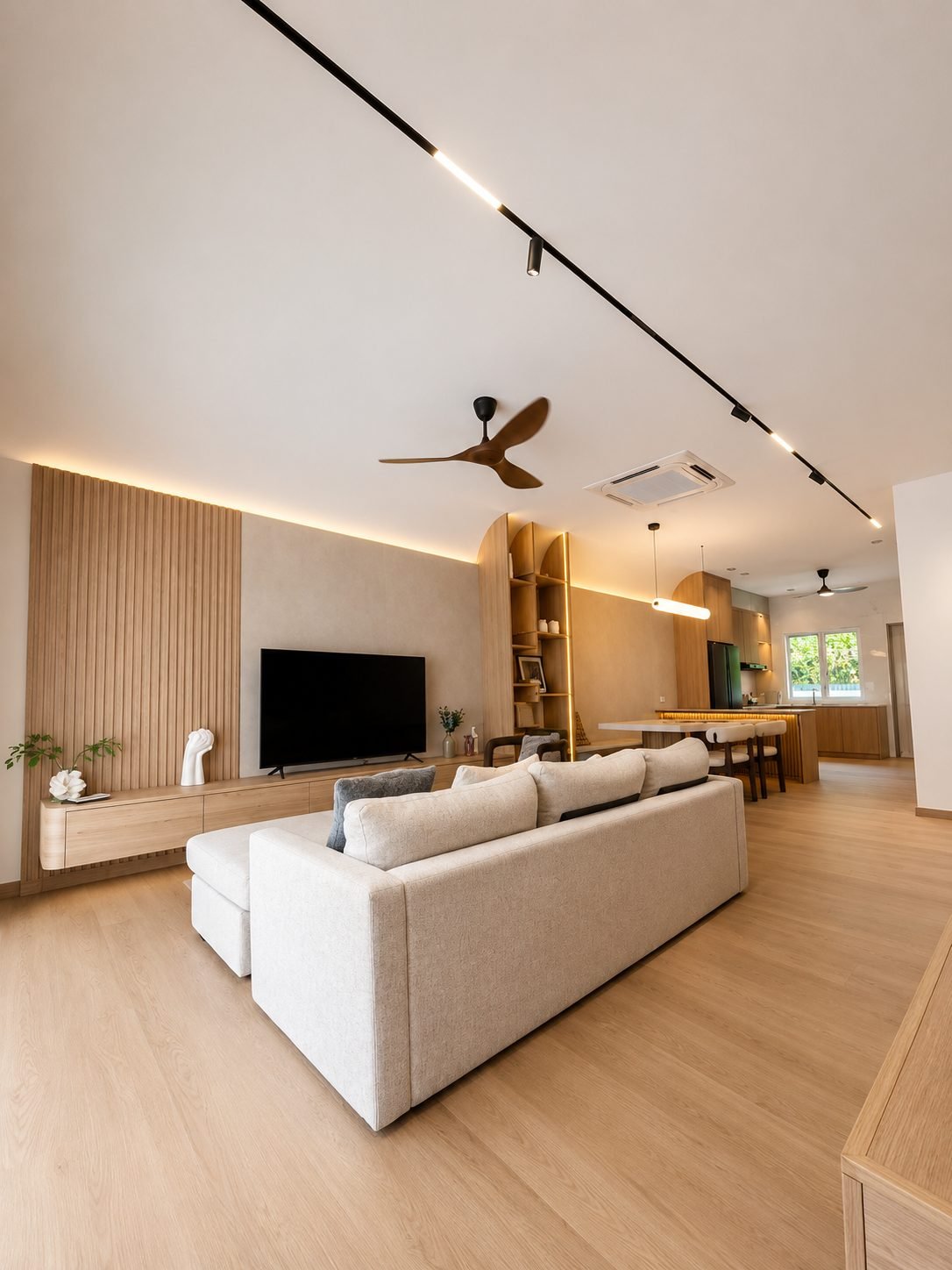 Living area with a timber slat feature wall, Silver Valley Gardens show house