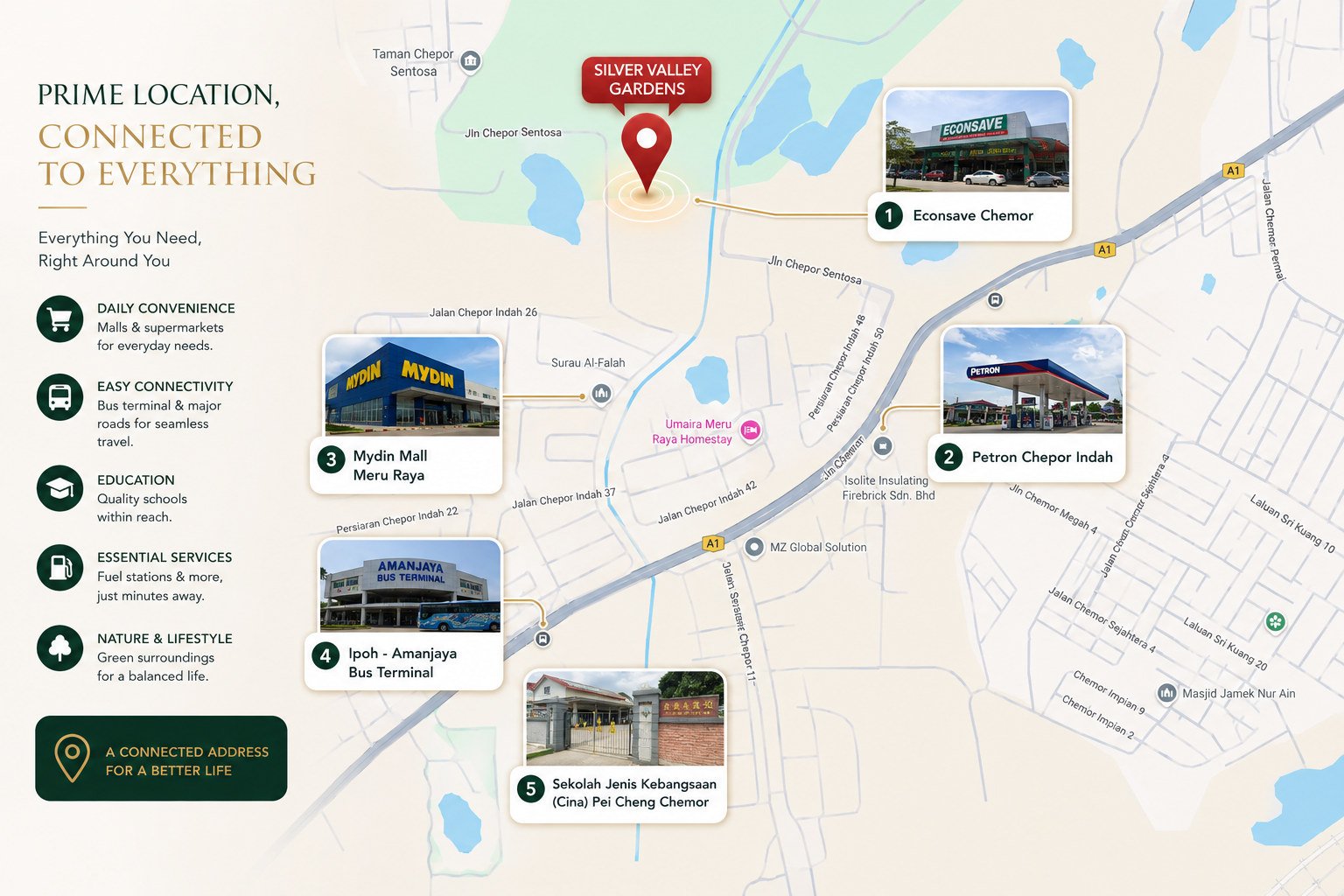 Location map for Silver Valley Gardens, Chepor, Ipoh, marking Econsave Chemor, the Petron at Chepor Indah, Mydin Mall Meru Raya, the Ipoh-Amanjaya Bus Terminal and SJK(C) Pei Cheng Chemor