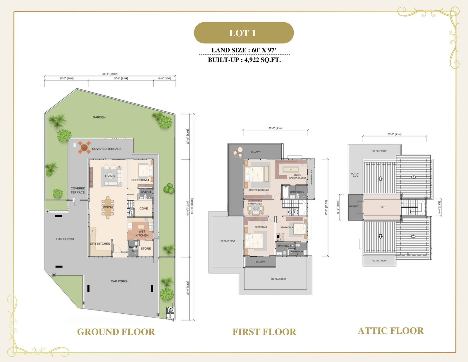 Floor plans for Lot 1, the 4,922 sq ft corner bungalow at Thompson Prestige, Ipoh