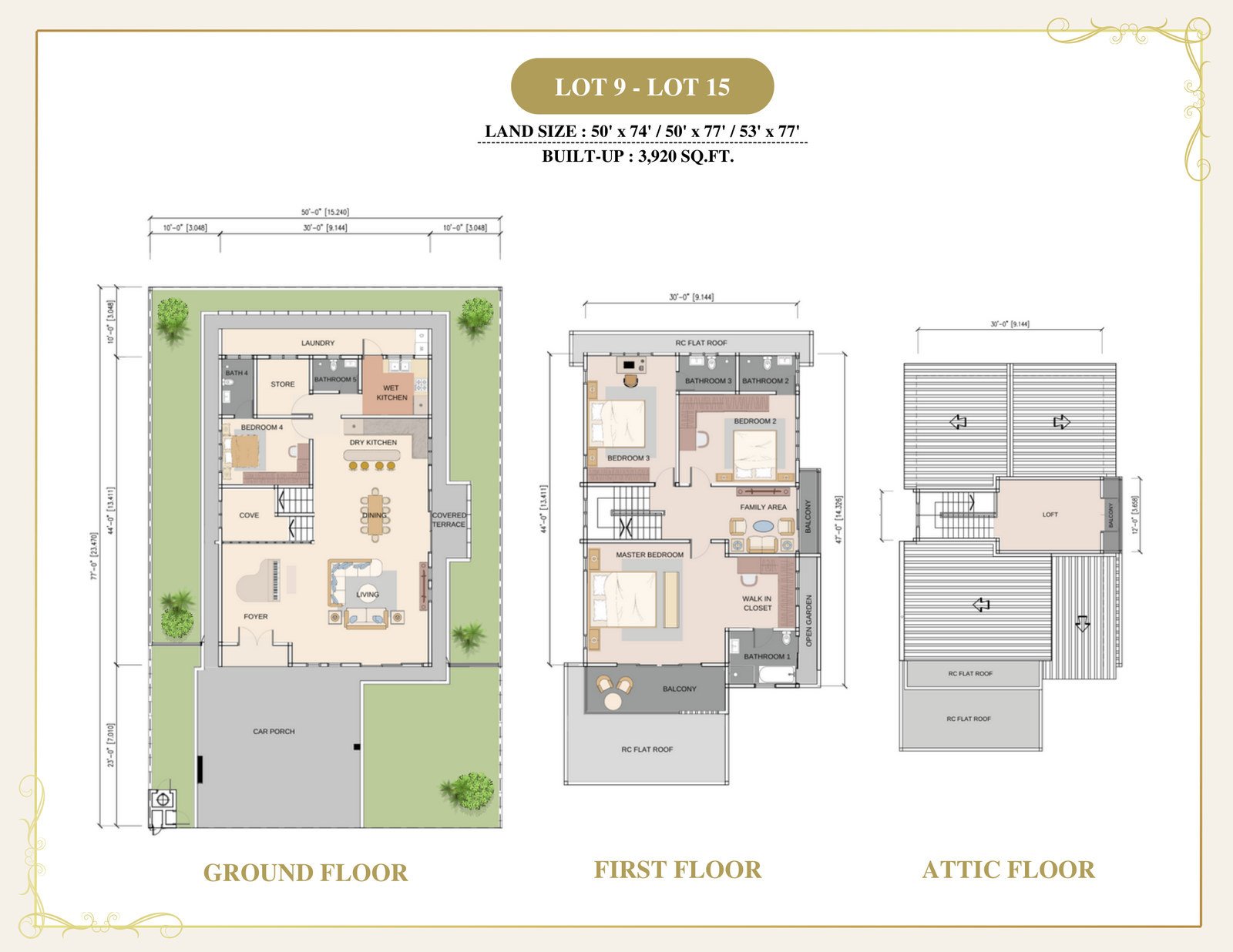 Floor plans for Lots 9 to 15, the 3,920 sq ft bungalow at Thompson Prestige, Ipoh