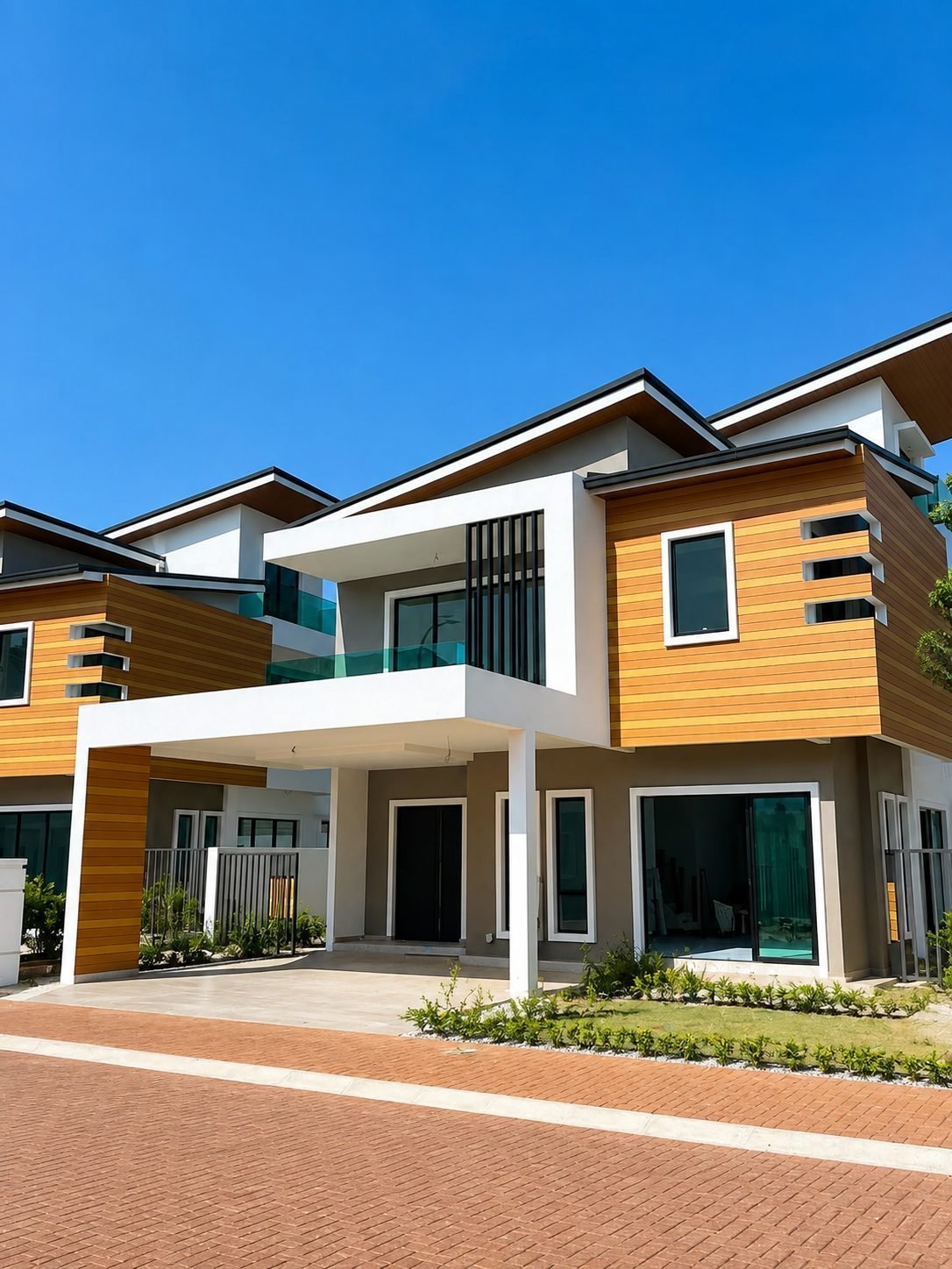 Street elevation of the timber-clad bungalows at Thompson Prestige, Tiger Lane, Ipoh