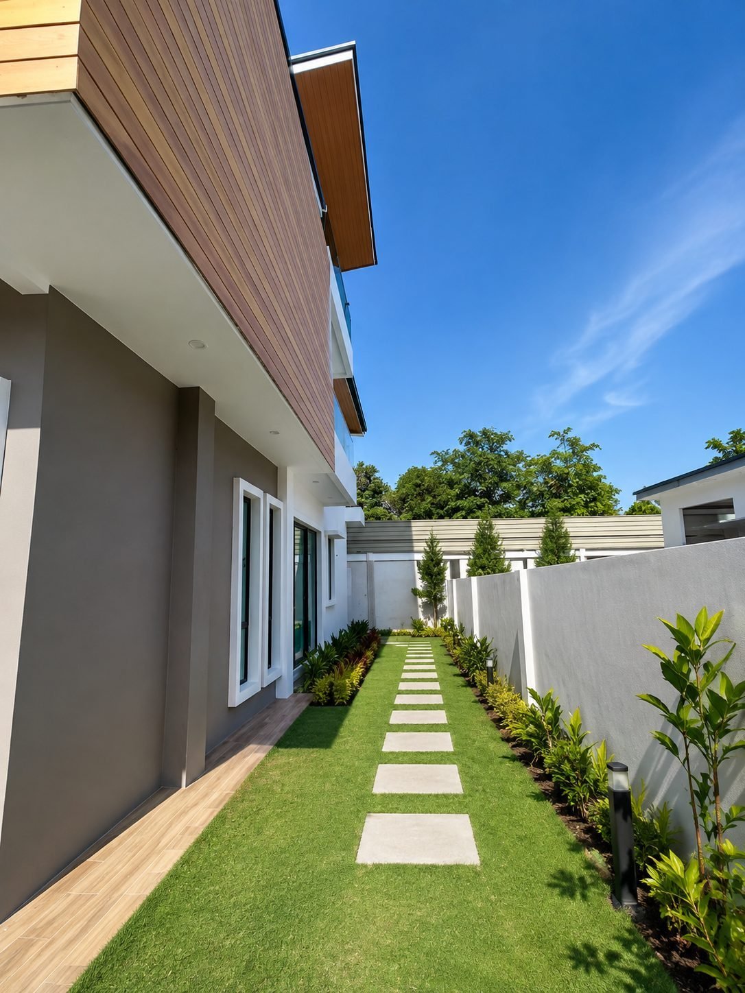 Side garden with stepping stones and lawn, Thompson Prestige bungalow