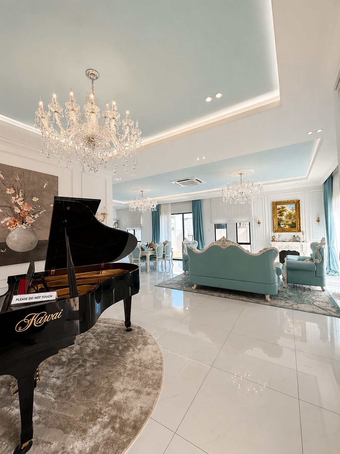 Living hall with a grand piano and chandelier, Thompson Prestige show house