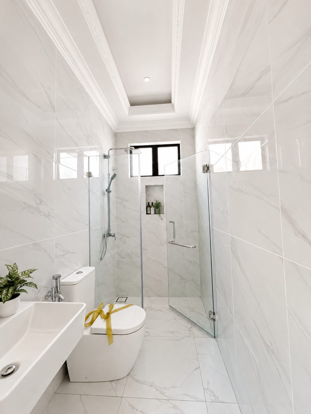 Bathroom in marble-look tile with a glass shower, Thompson Prestige