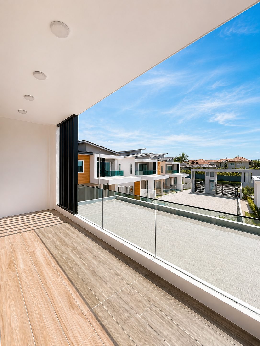 Balcony with a glass balustrade looking over the scheme, Thompson Prestige