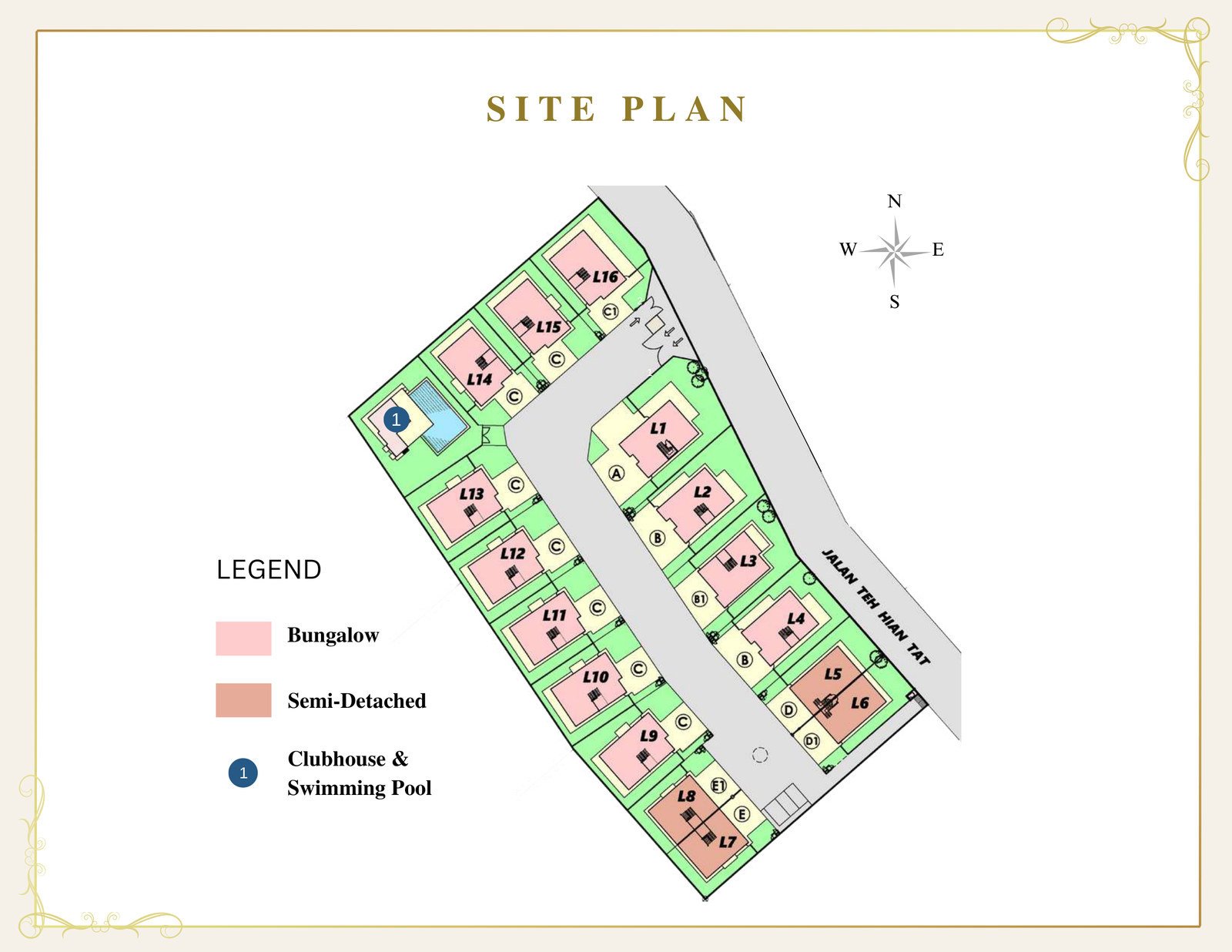 Site plan of Thompson Prestige, Tiger Lane, Ipoh, showing the sixteen lots, the clubhouse and the swimming pool